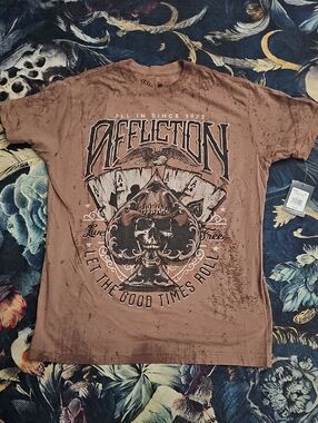 Affliction Men’s Brown Graphic Tee with Skull & Card Design